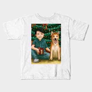 A boy and his Shiba Inu dog on Christmas morning Kids T-Shirt